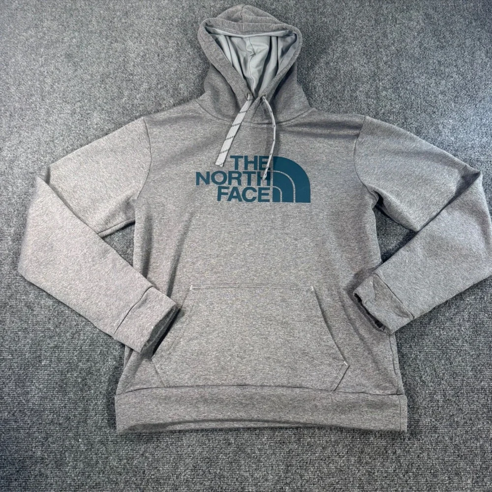 The North Face Mens Hoodie Grey Teal Blue Logo Pullover S S/P Performance Fleece